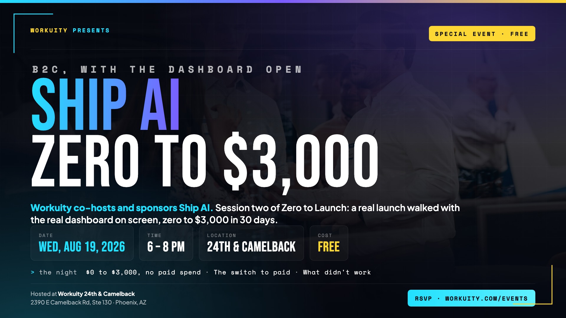 Workuity | Event Detail Template Ship AI: Zero to $3,000 — Special Event at Workuity Biltmore on 2026-08-19